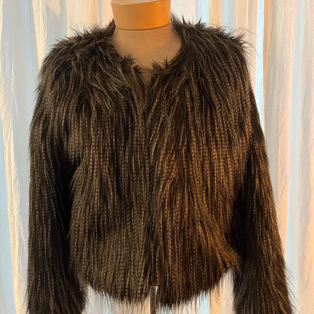 Black faux feather jacket, hook & eye closure